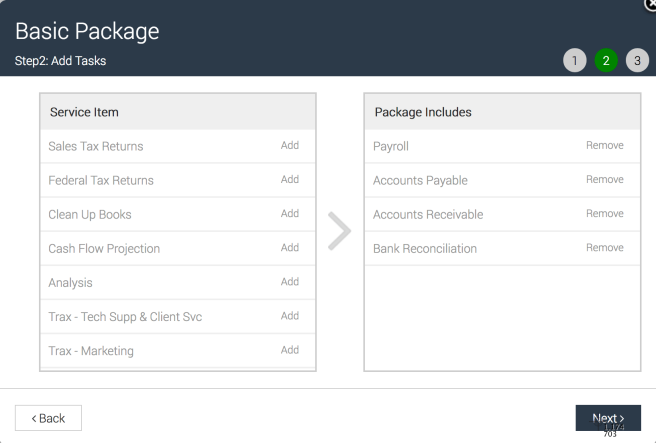 Select list of services to include in the package for value pricing